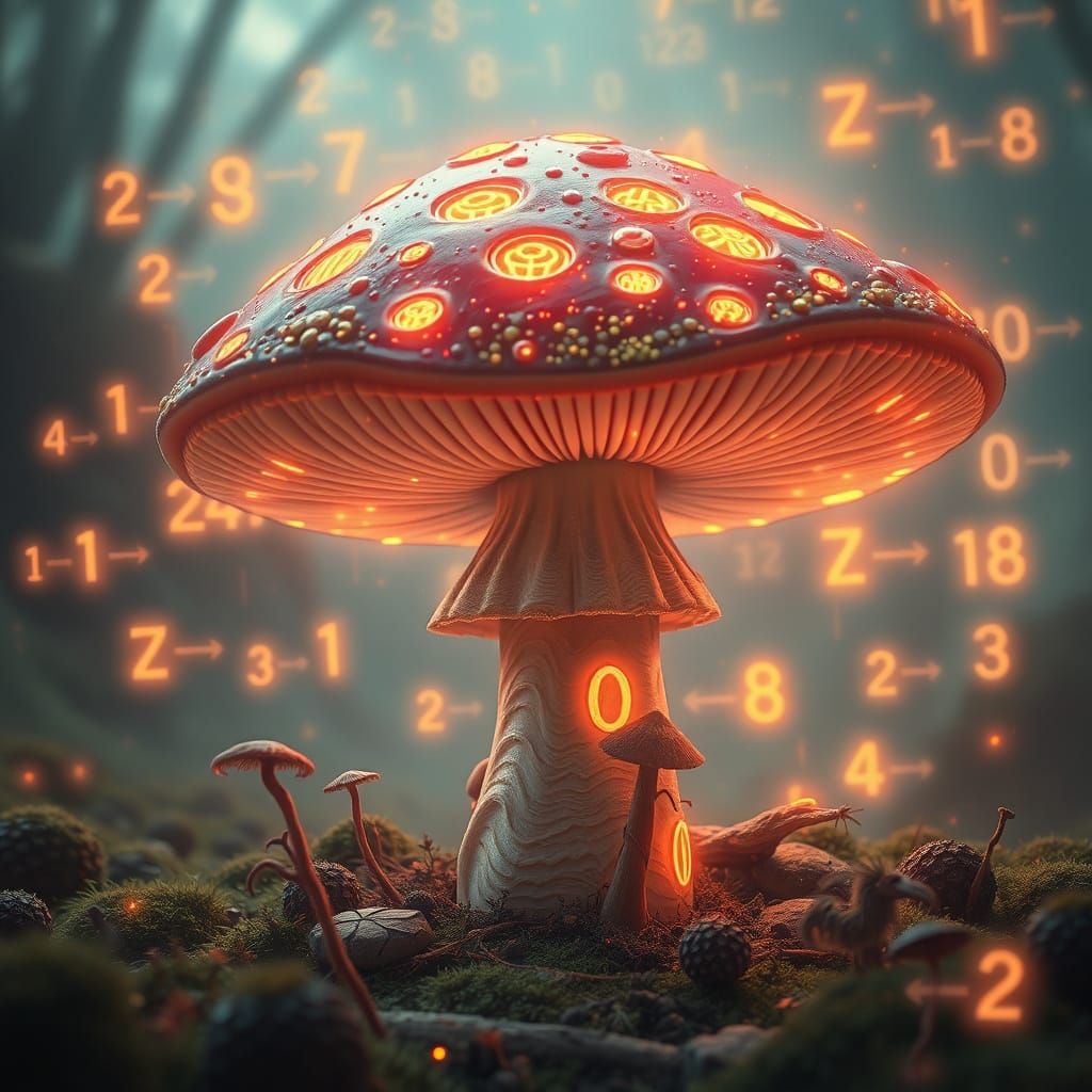 Mystical Toadstool with Glowing Arithmetic Equations