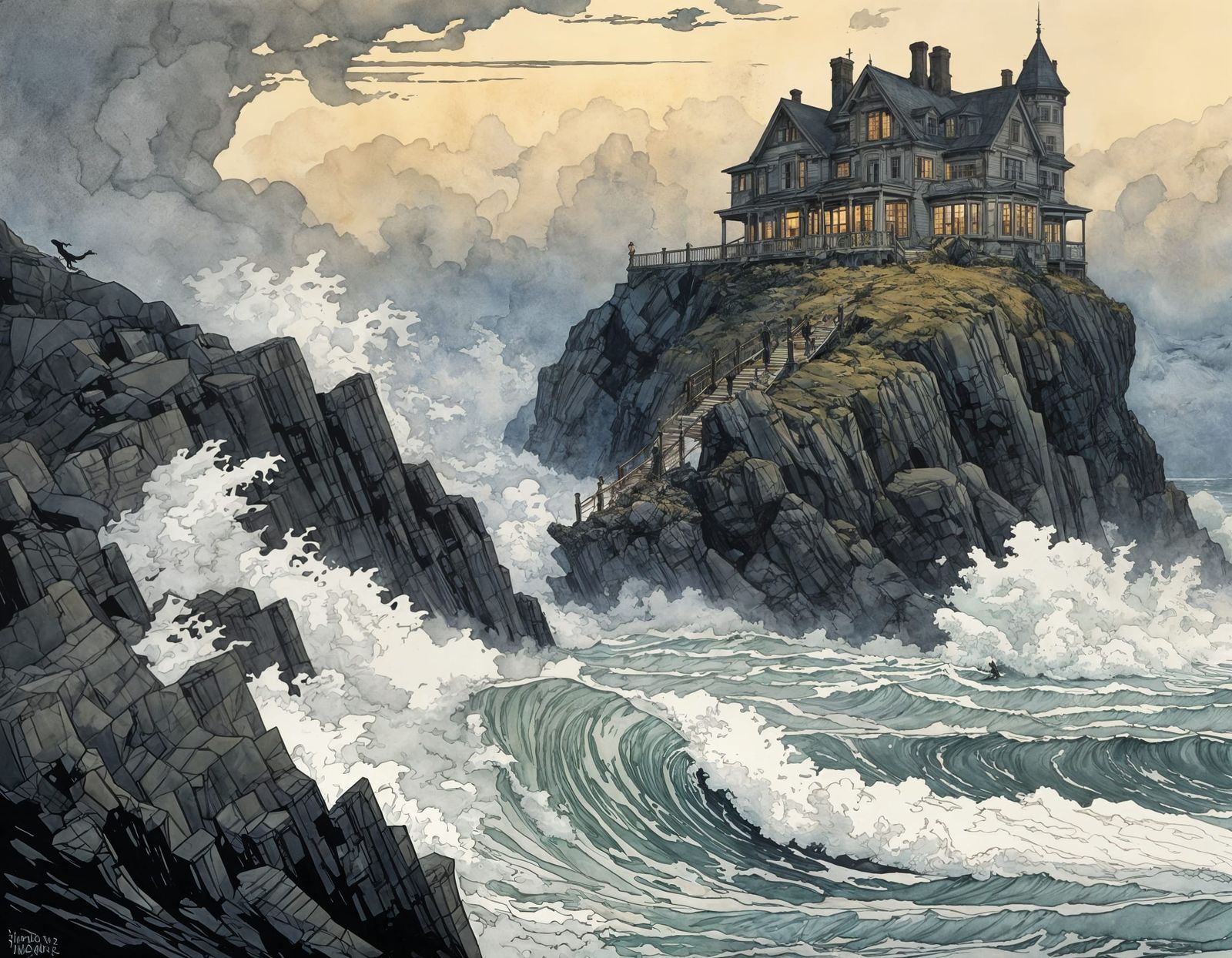 Mystical Victorian Cottage Amidst Dark, Turbulent Waves
