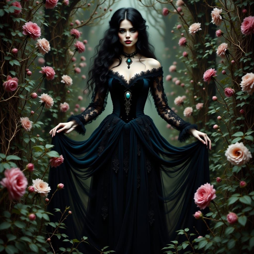 Gothic Woman in Victorian Rose Garden