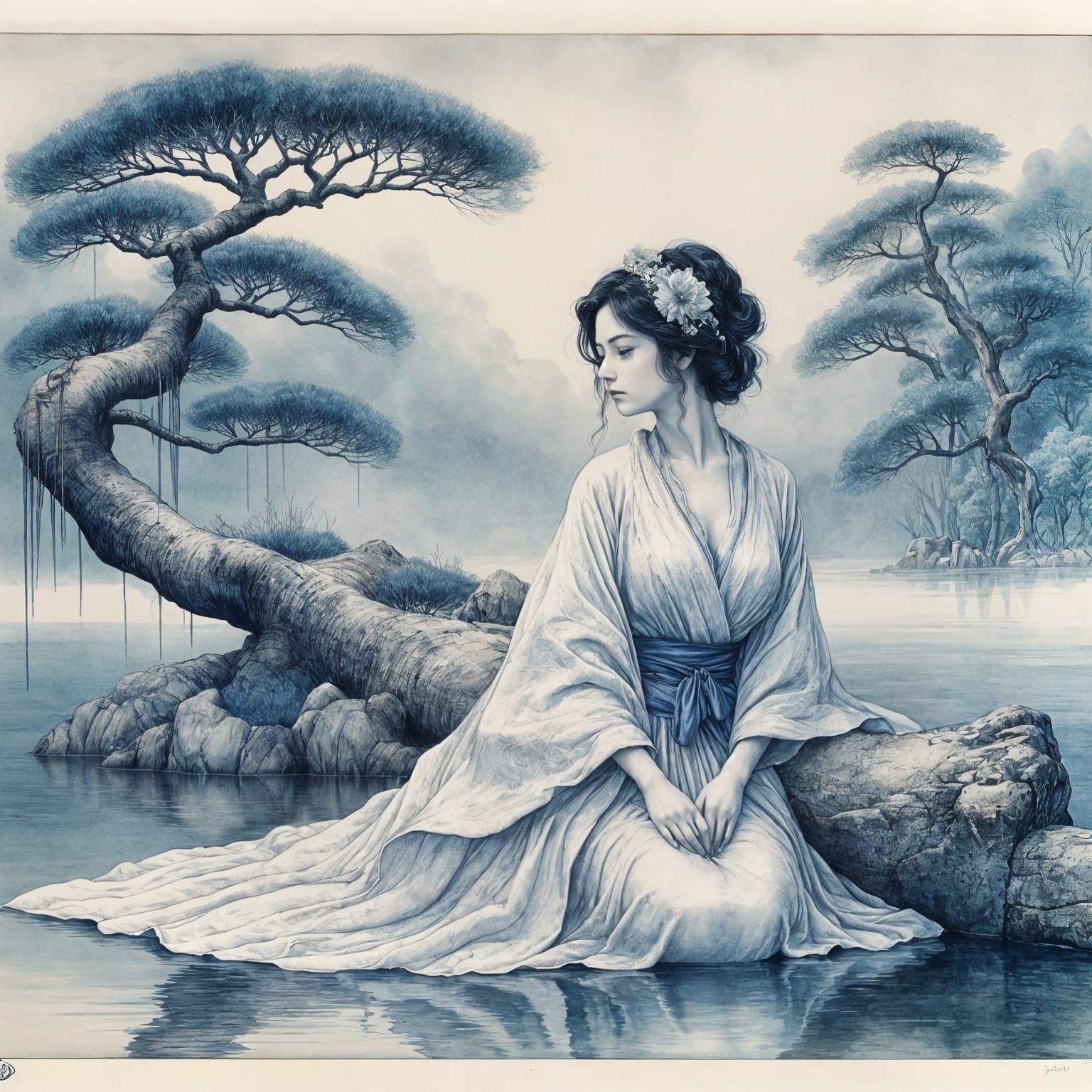 Whimsical Japanese-Inspired Watercolor Lithograph in Soft Bl...