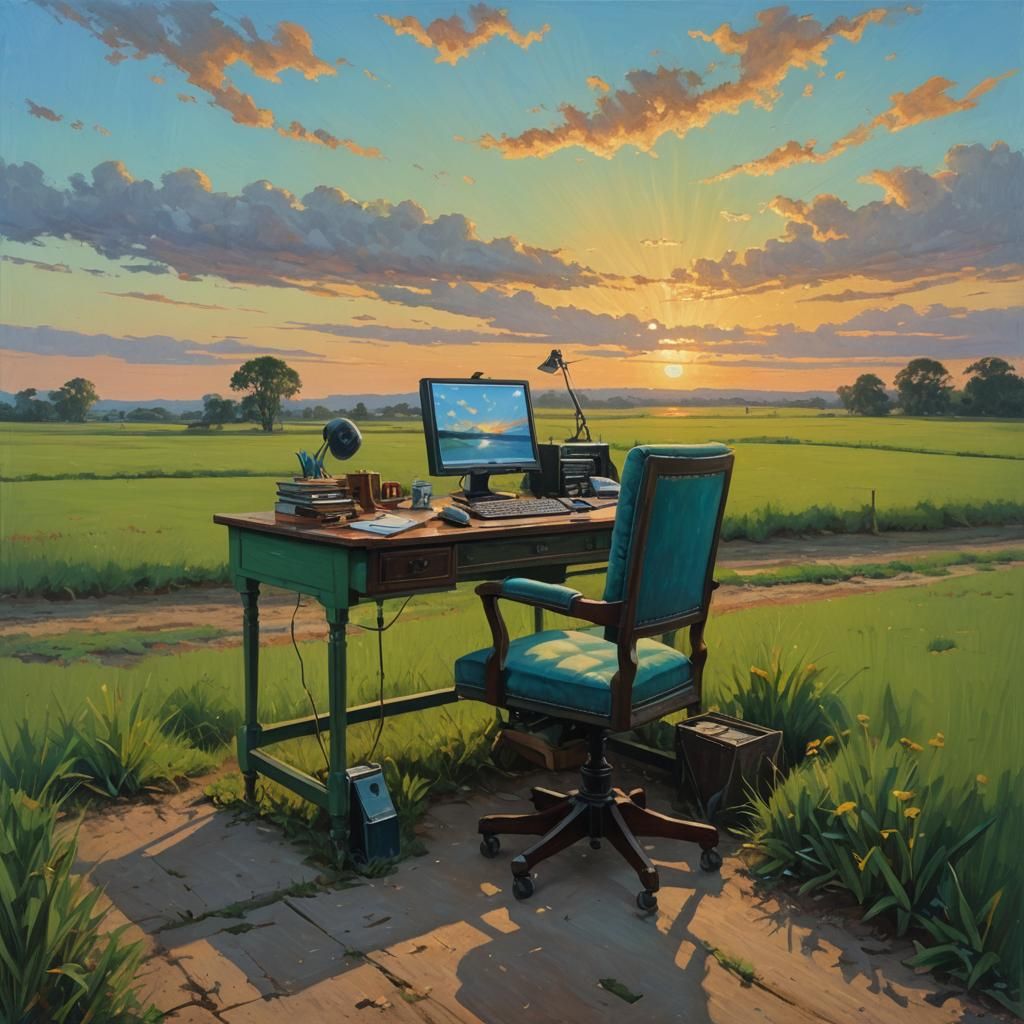 Desk in Field at Sunset: Gurney-Style Oil Painting