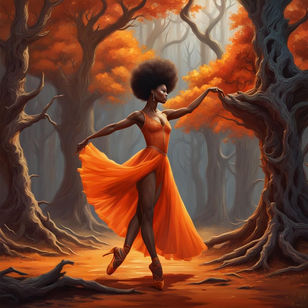 Black Ballerina in Orange Dress Oil Painting