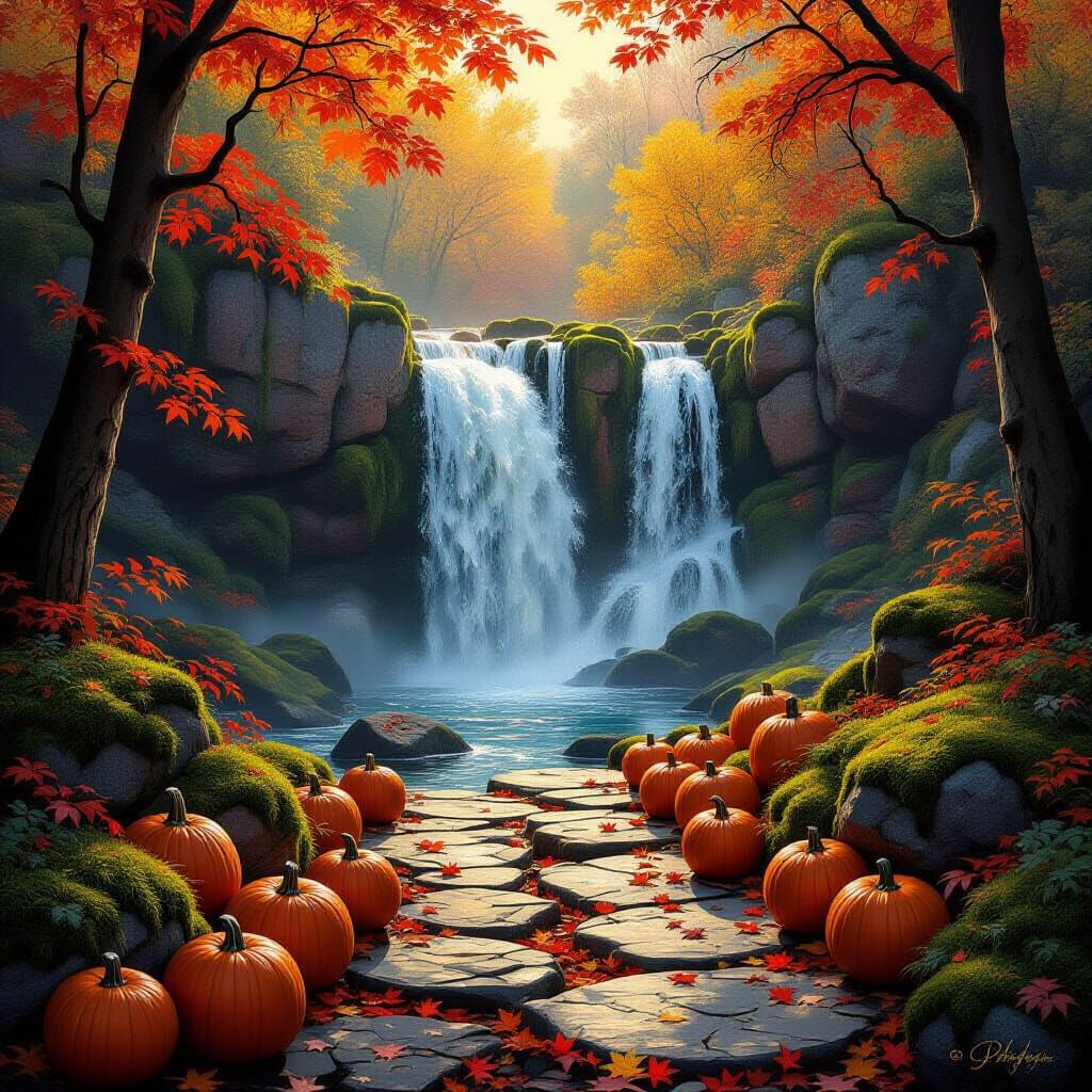 Autumn Waterfall with Pumpkins and Stone Path