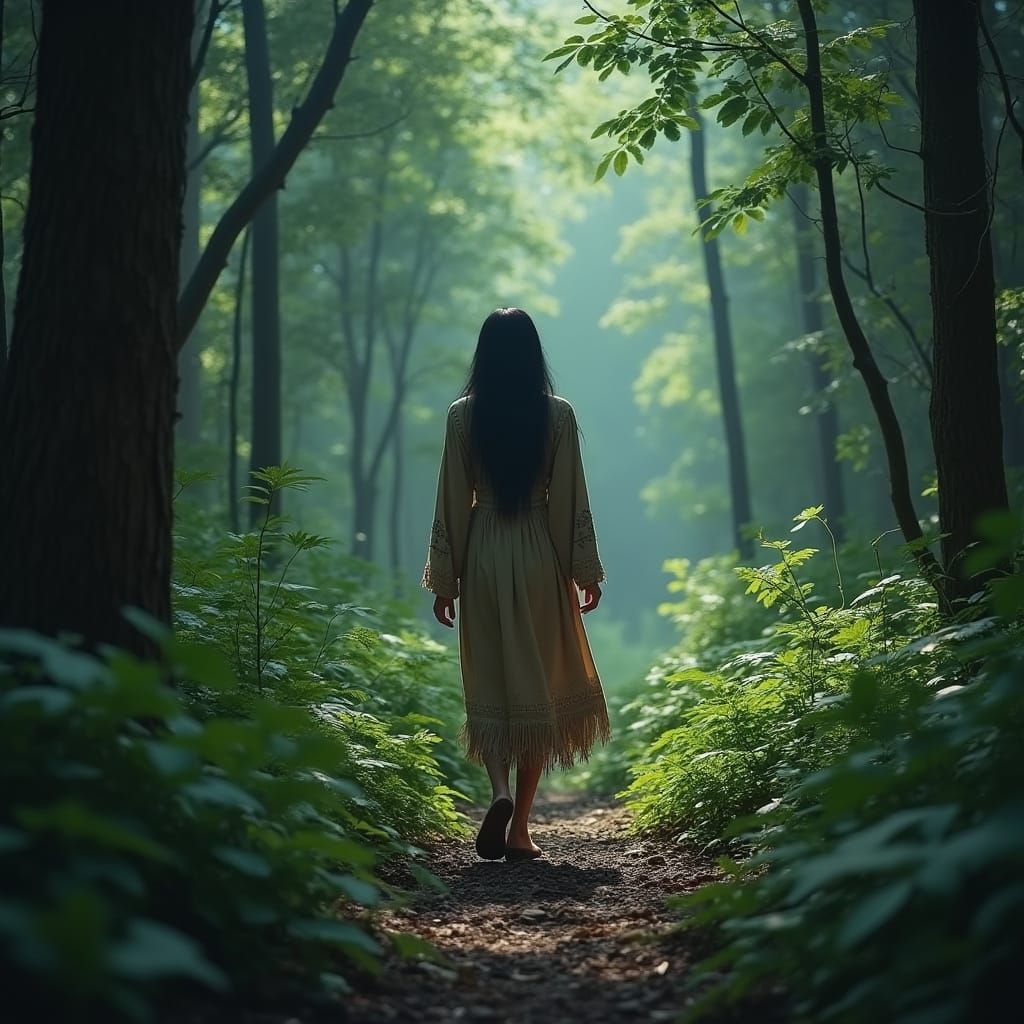 Ethereal Hybrid Goddess Walks Lush Forests