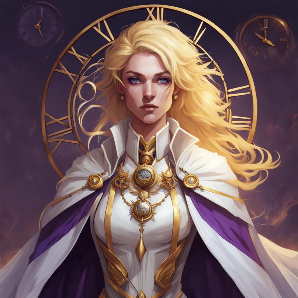 Aasimar Sorcerer in Gold Robes with Clockwork Staff