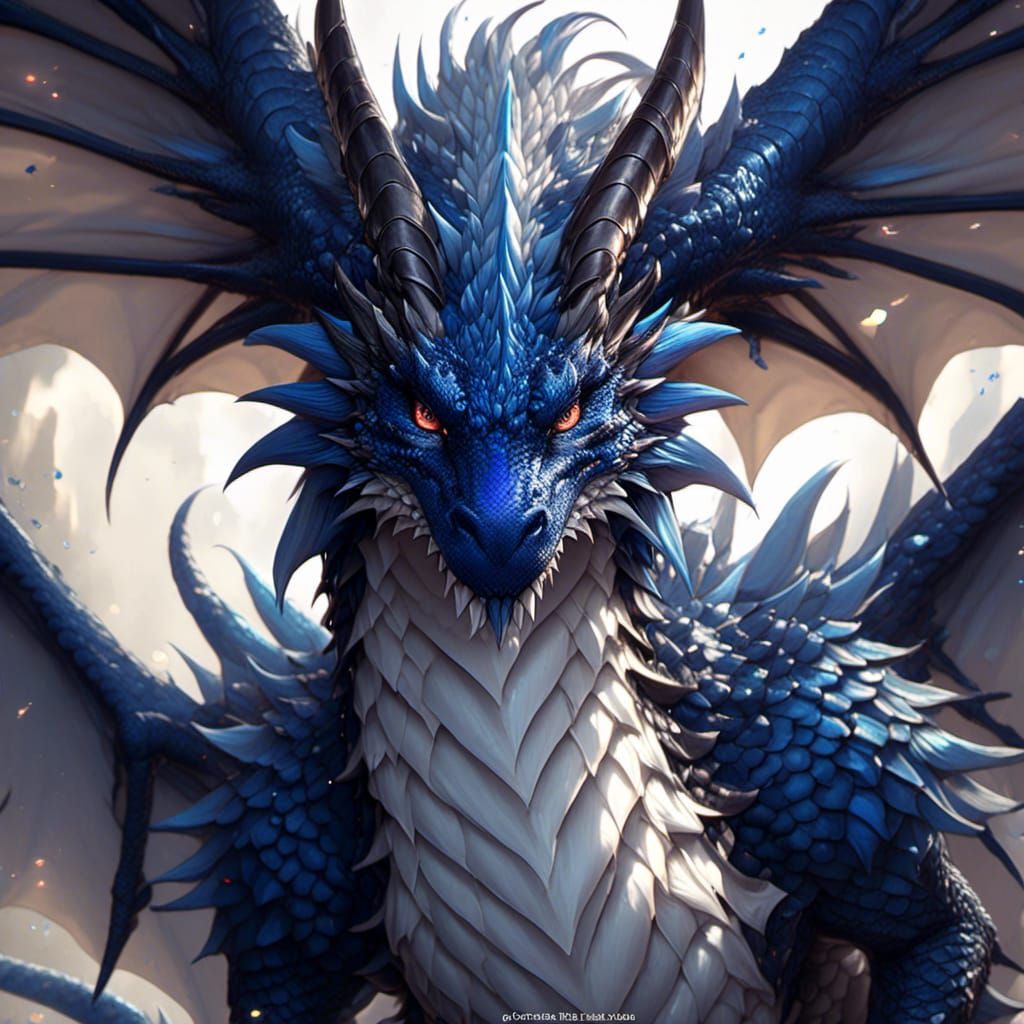 Beautiful Dark Blue Dragon Portrait, Fantasy Concept Art