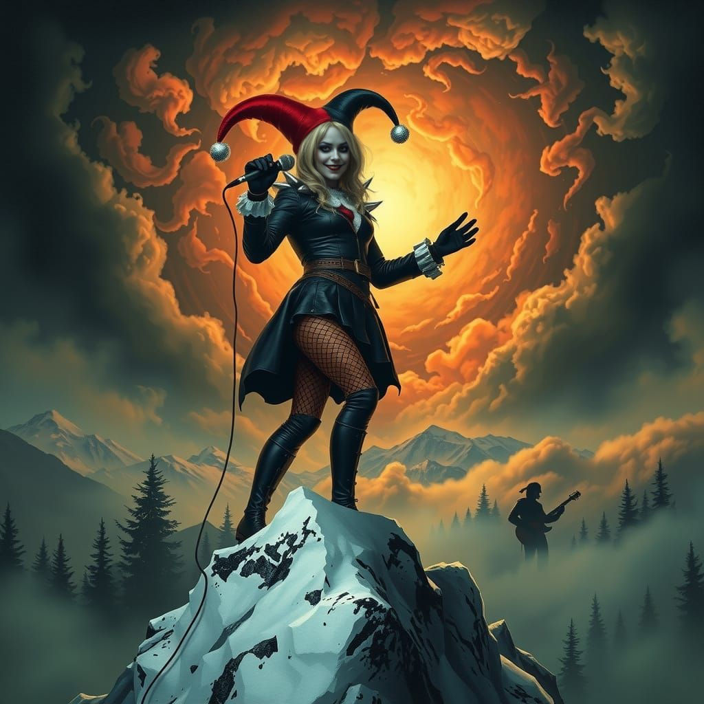 Norwegian Black Metal Enthusiast in Fiery Snowy Landscape