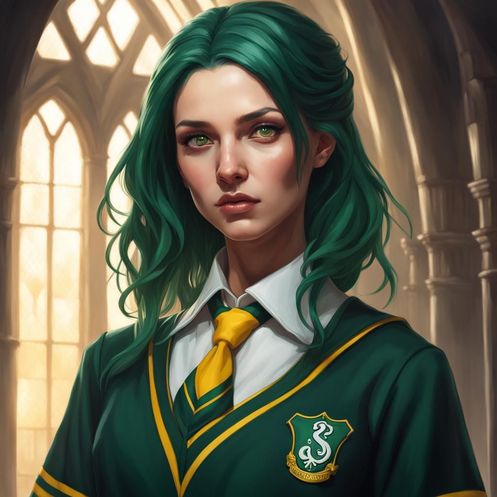 Girl in Slytherin Uniform: Hyperdetailed Portrait