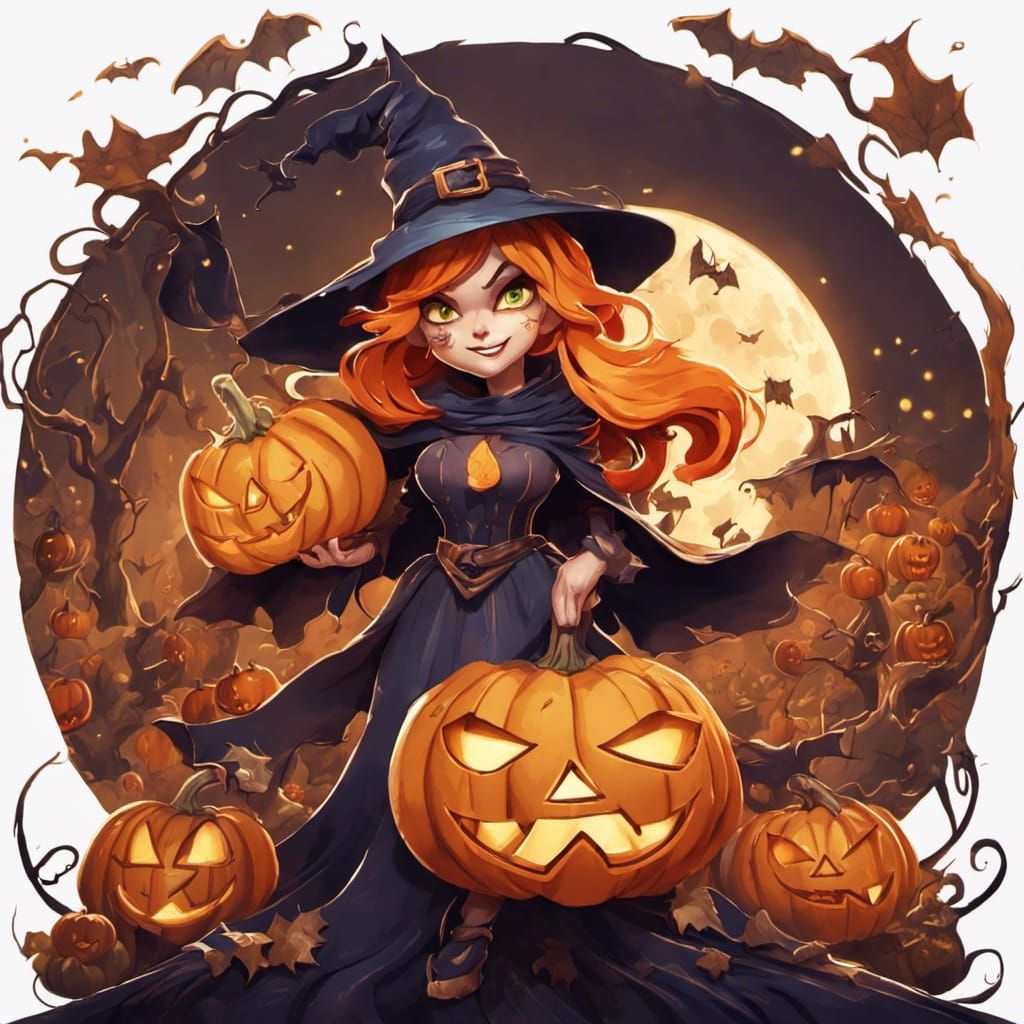 Halloween Witch Scene with Jack-o'-Lantern, Cartoon Style