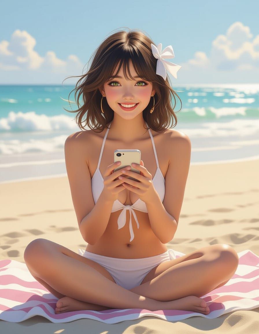 Young Woman Laughing on Beach in Bikini