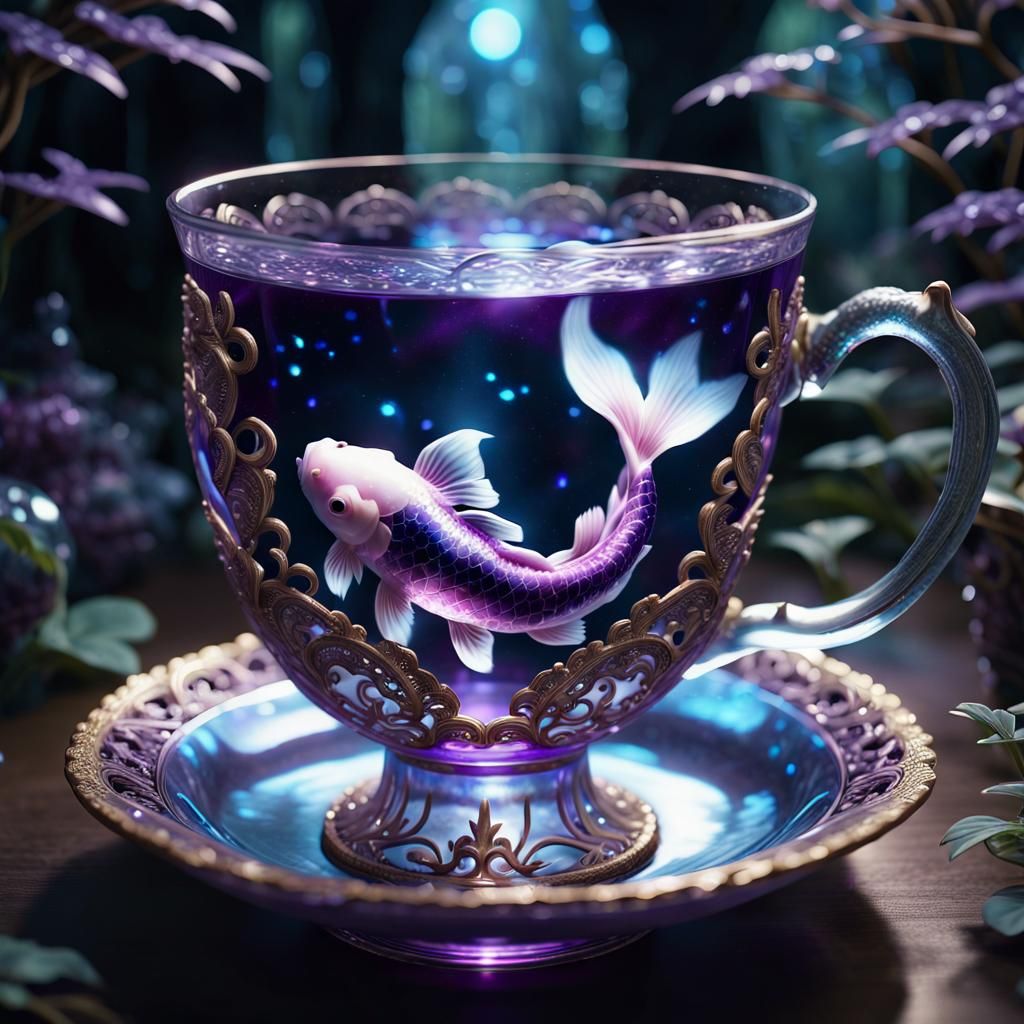 Bioluminescent Koi in Jeweled Teacup, Anime Art
