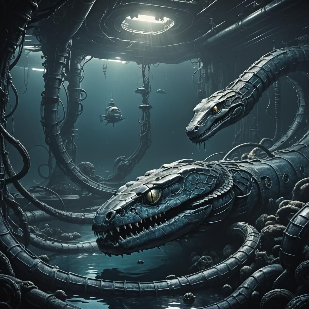 Colossal Snake and Submarine in Biomechanical Style