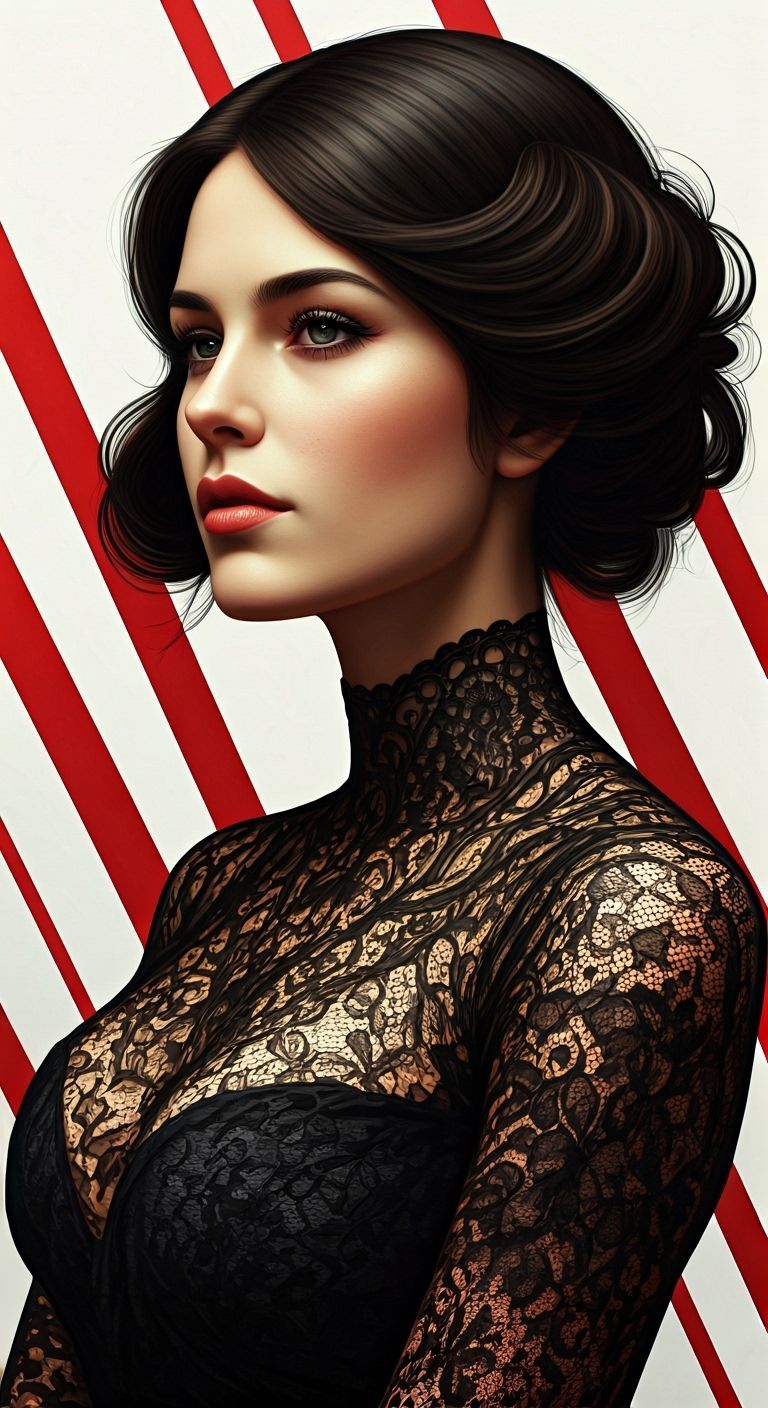 Beautiful Woman in Lace with Red Lines