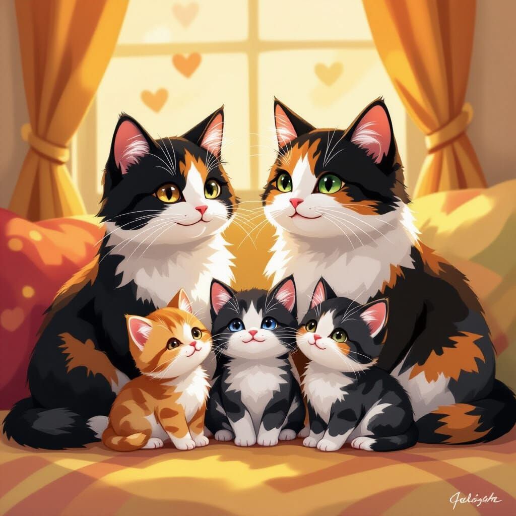 Calico Cat Family Portrait with Kittens