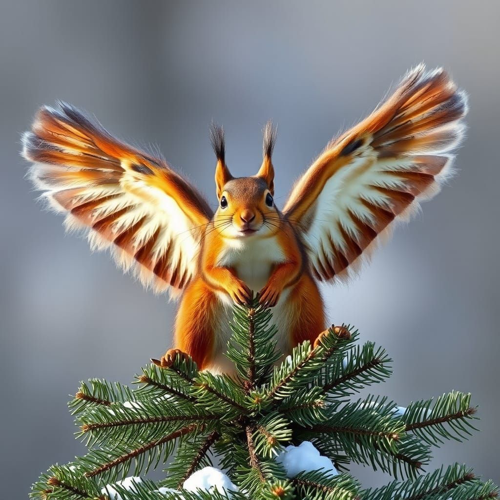 Squirrel Ready to Fly From Fir Tree