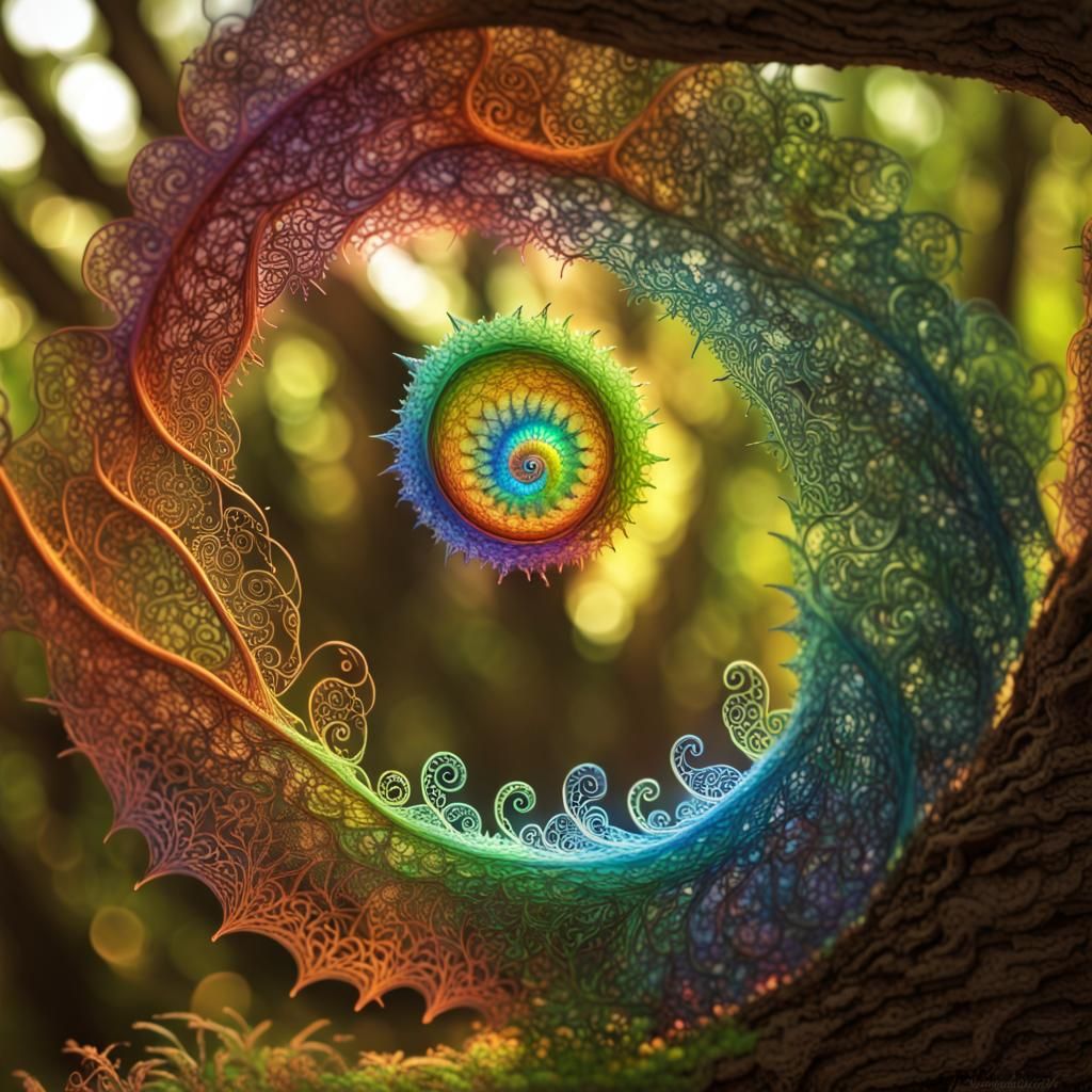 Fractal Dragon Hatchlings in Backlit Forest