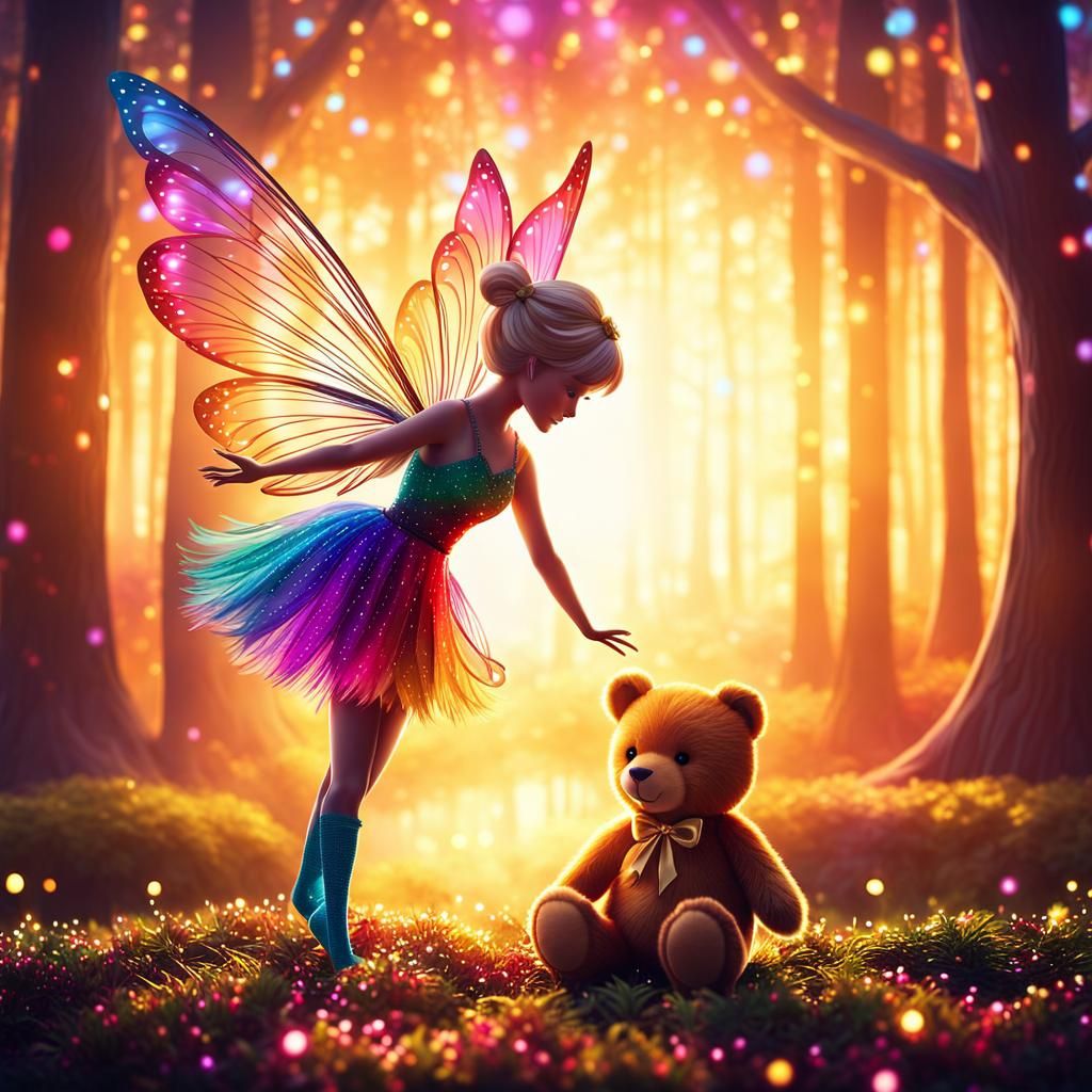 Fairy and Teddy Bear Dance in Whimsical Forest