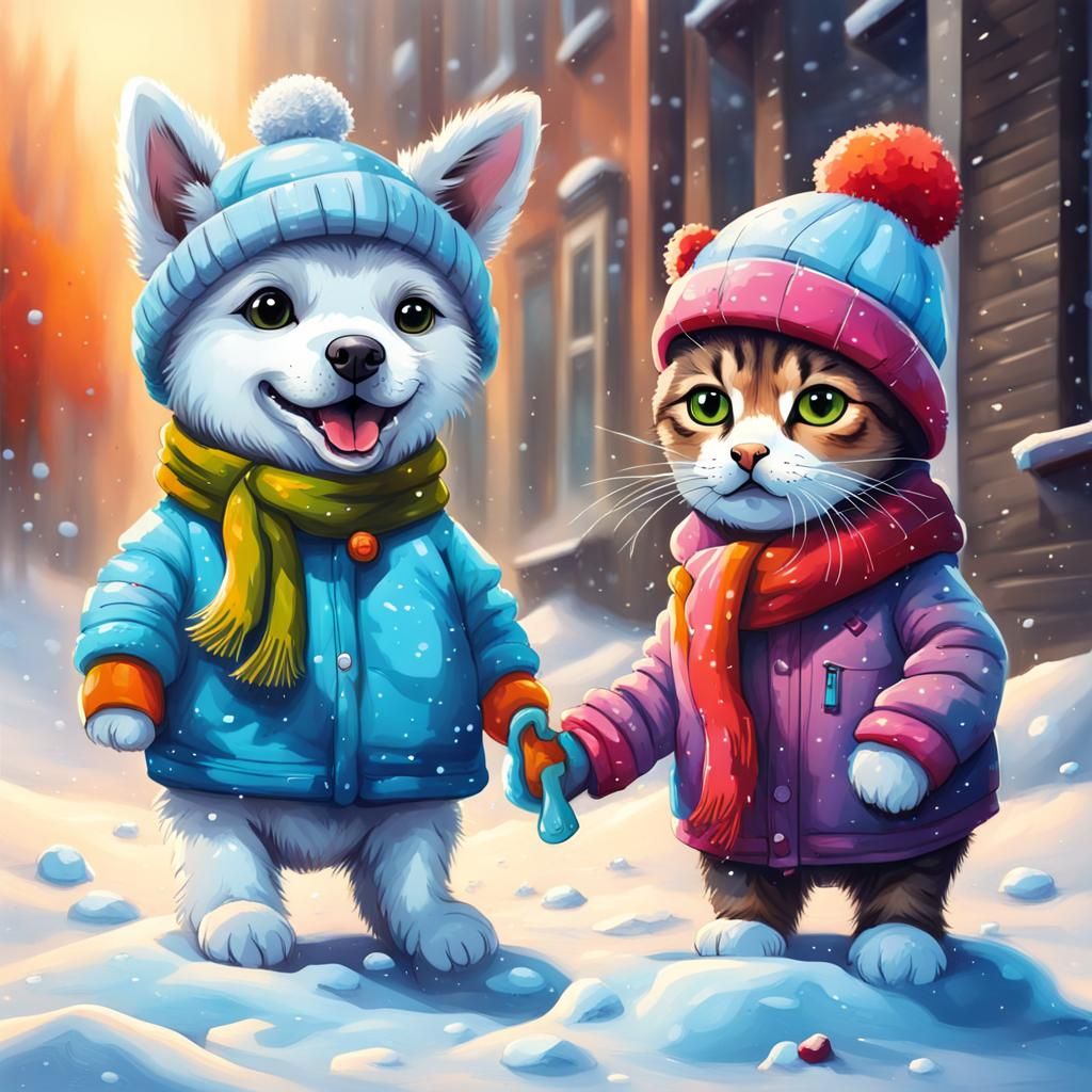 Dog and Cat Build Snowman in Graffiti Art