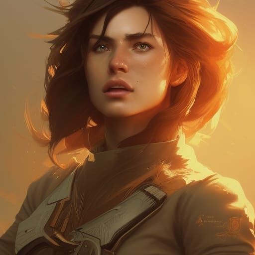 Female Ranger and Lion Portrait in Art Nouveau Style