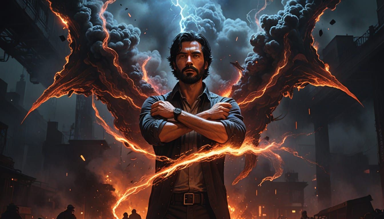 Gritty Neo-Noir Figure Overwhelmed by Fiery Embers