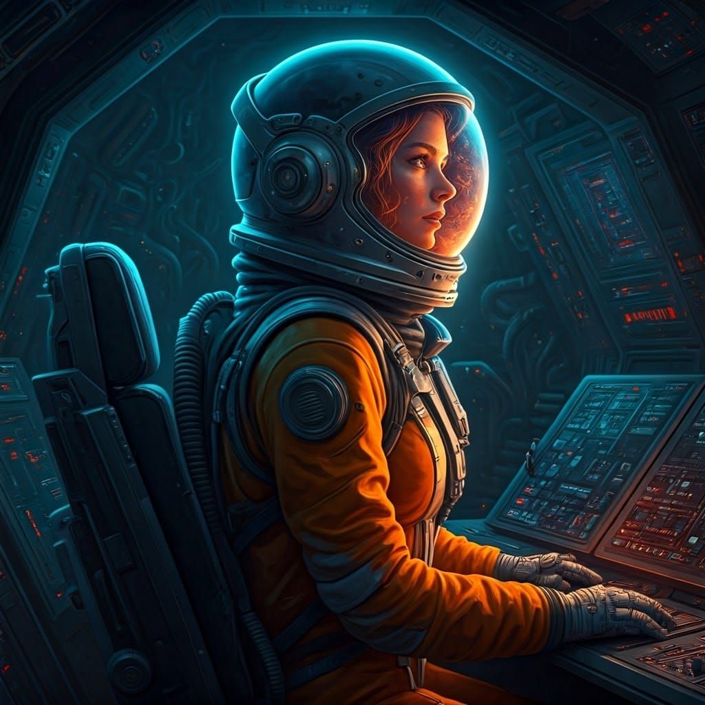 A hallucinating astronaut is operating her spaceship alone