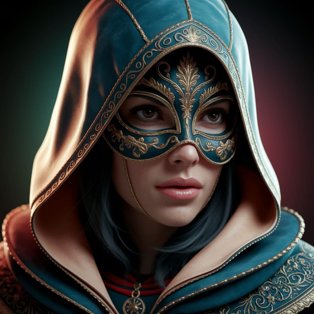 Black Female Assassin in Venetian Mask - Hyperrealistic Art