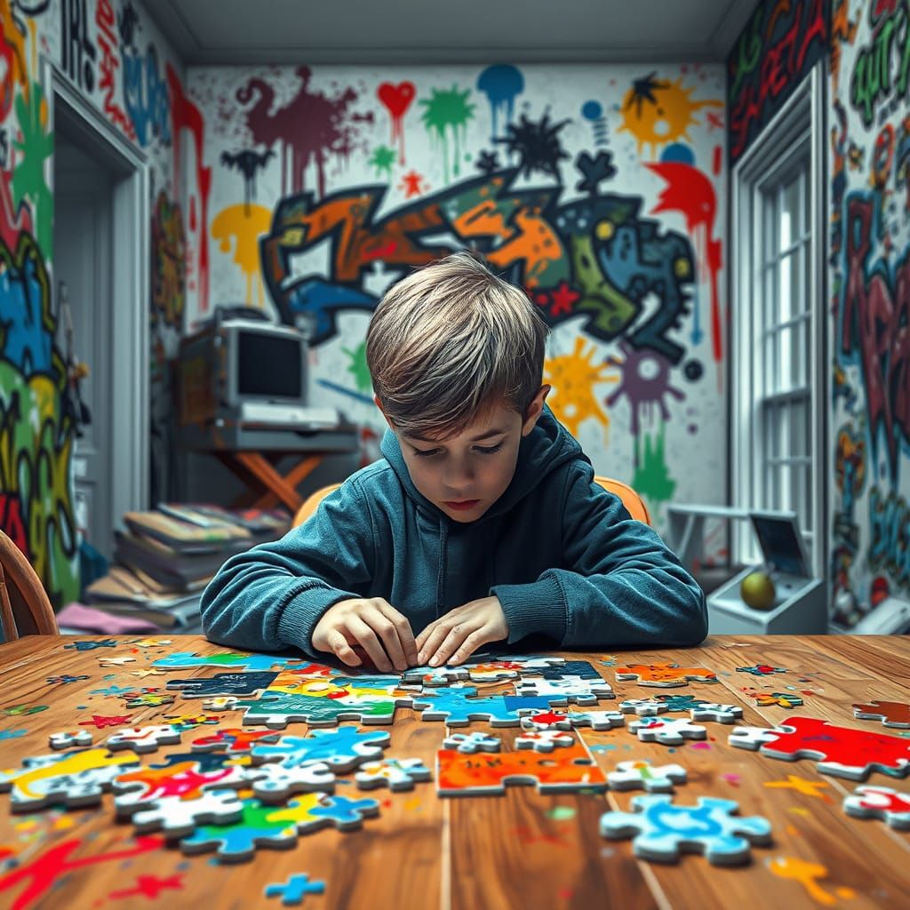 Boy Focuses on Puzzle Amidst Chaotic Room
