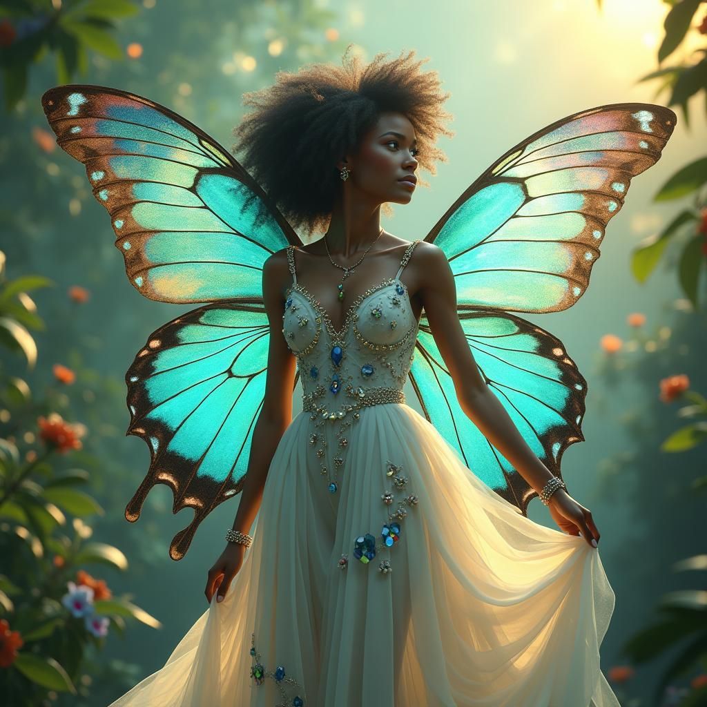 Fantasy Fairy with Butterfly Wings in Dreamy Landscape