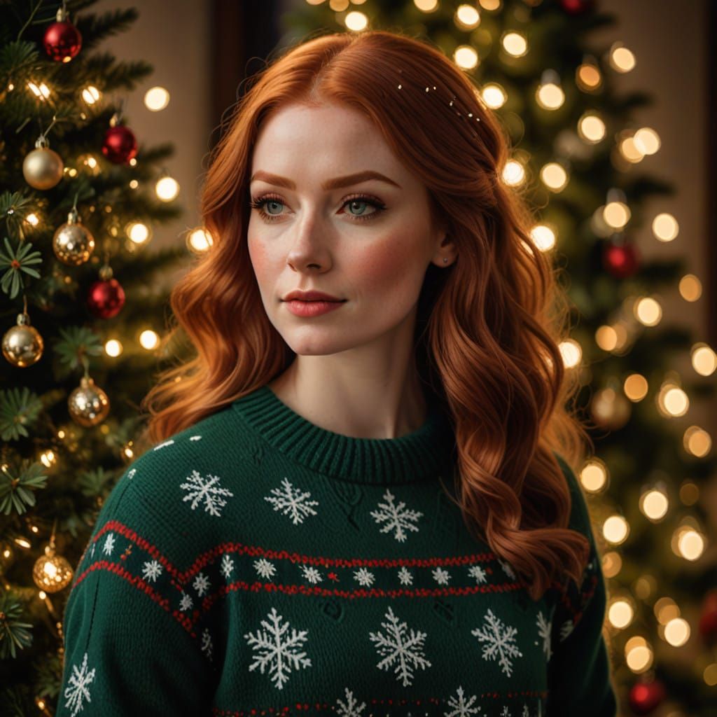 Gorgeous Irish Redhead Woman in Christmas Sweater in Front o...