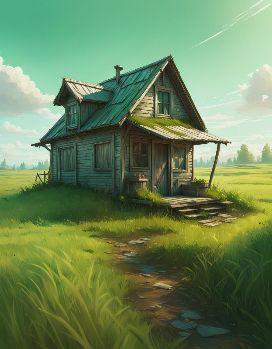 Sunlit Shack in Green Field: Detailed Landscape Art