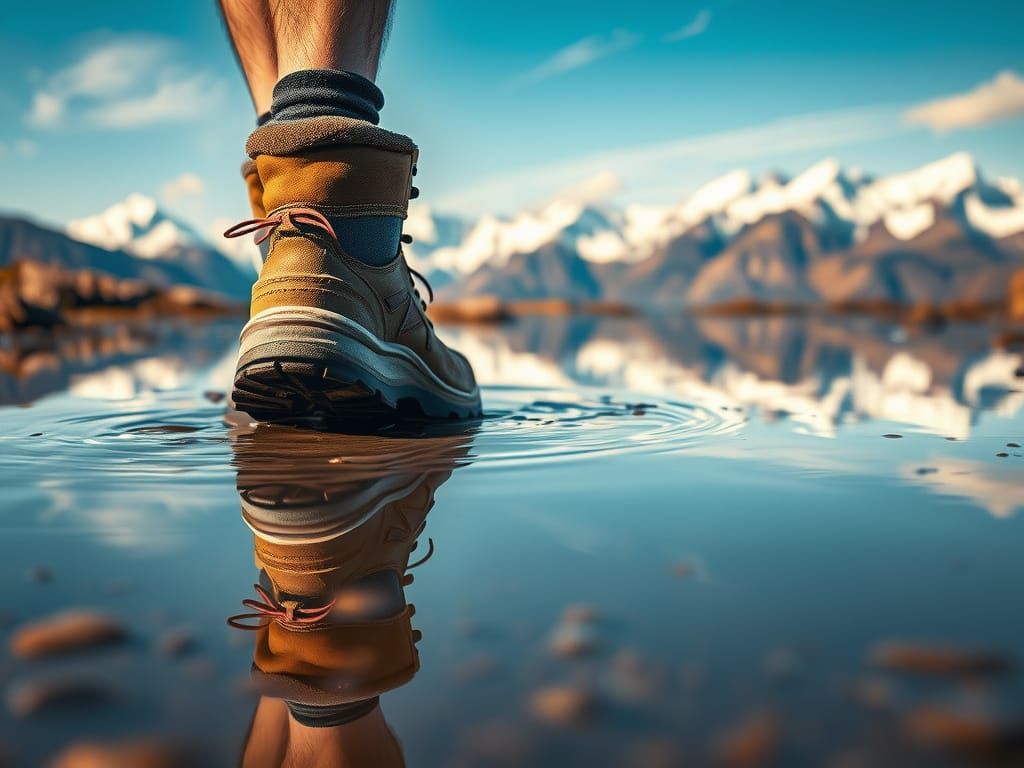 Realistic Hiker's Boots Stepping into a Shallow Puddle