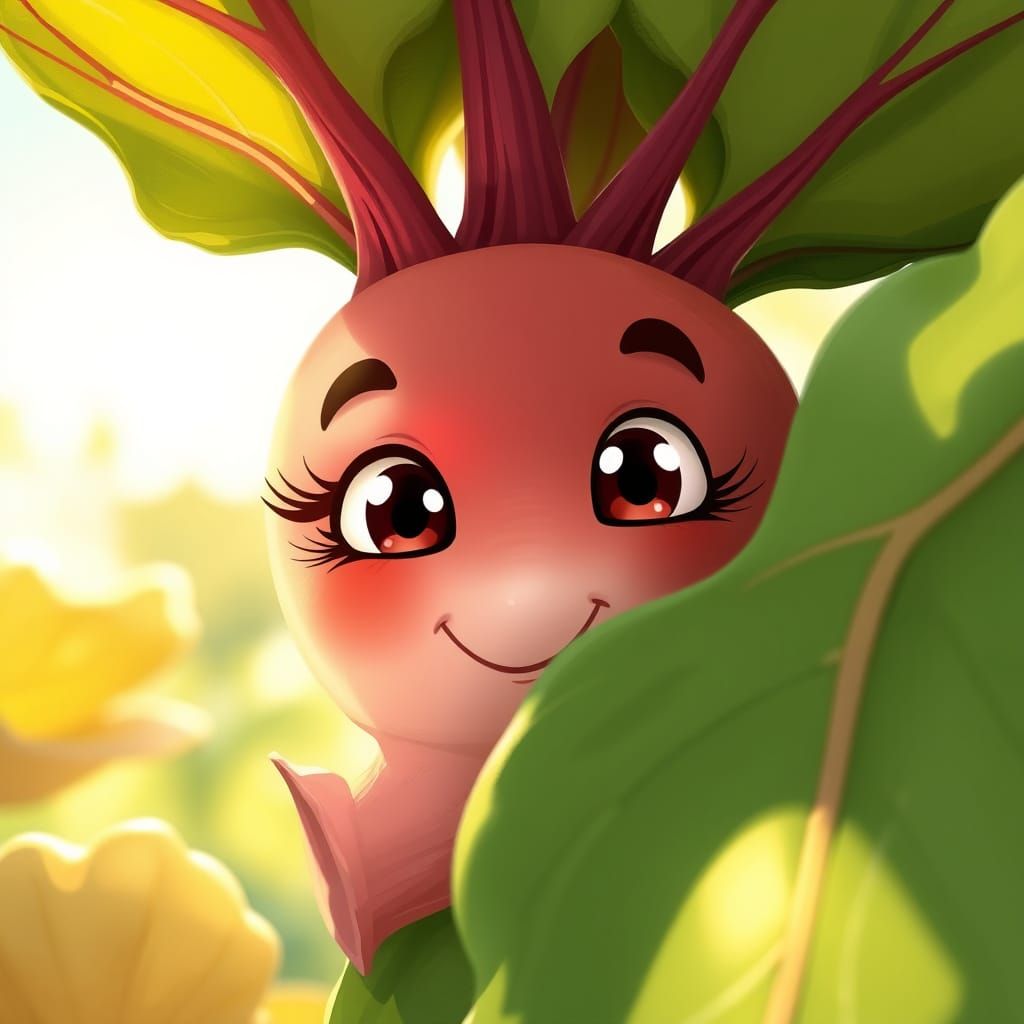 Playful Rhubarb Peeking Out in Whimsical Garden Scene