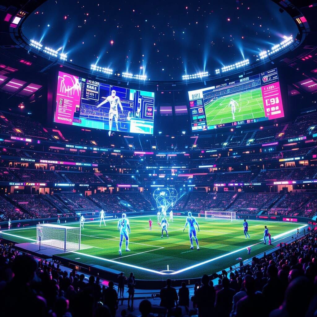 Futuristic Football Arena With Holographic Players At Night