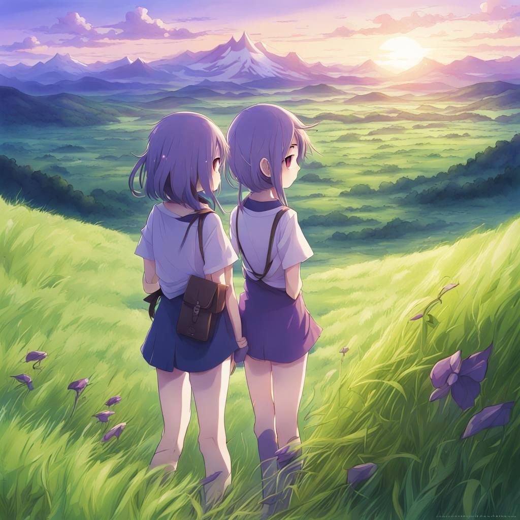 Friends Wander in Mountain Sunrise: Anime Style