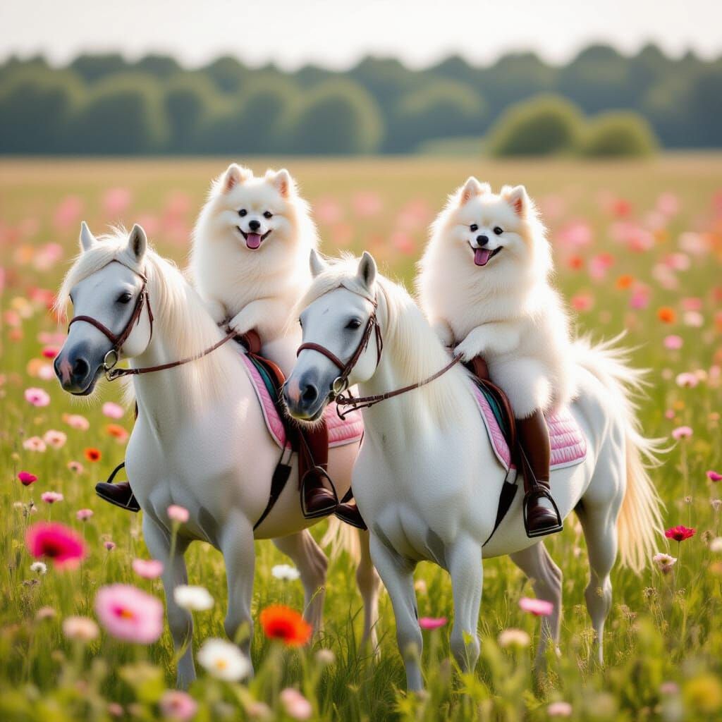 White Pomeranians Ride Pink Horses Through Flower Field