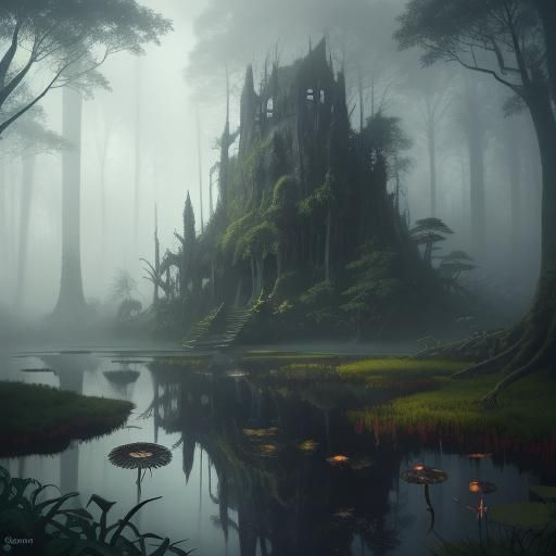 Ethereal Woman Gazing into Misty Mushroom Pond