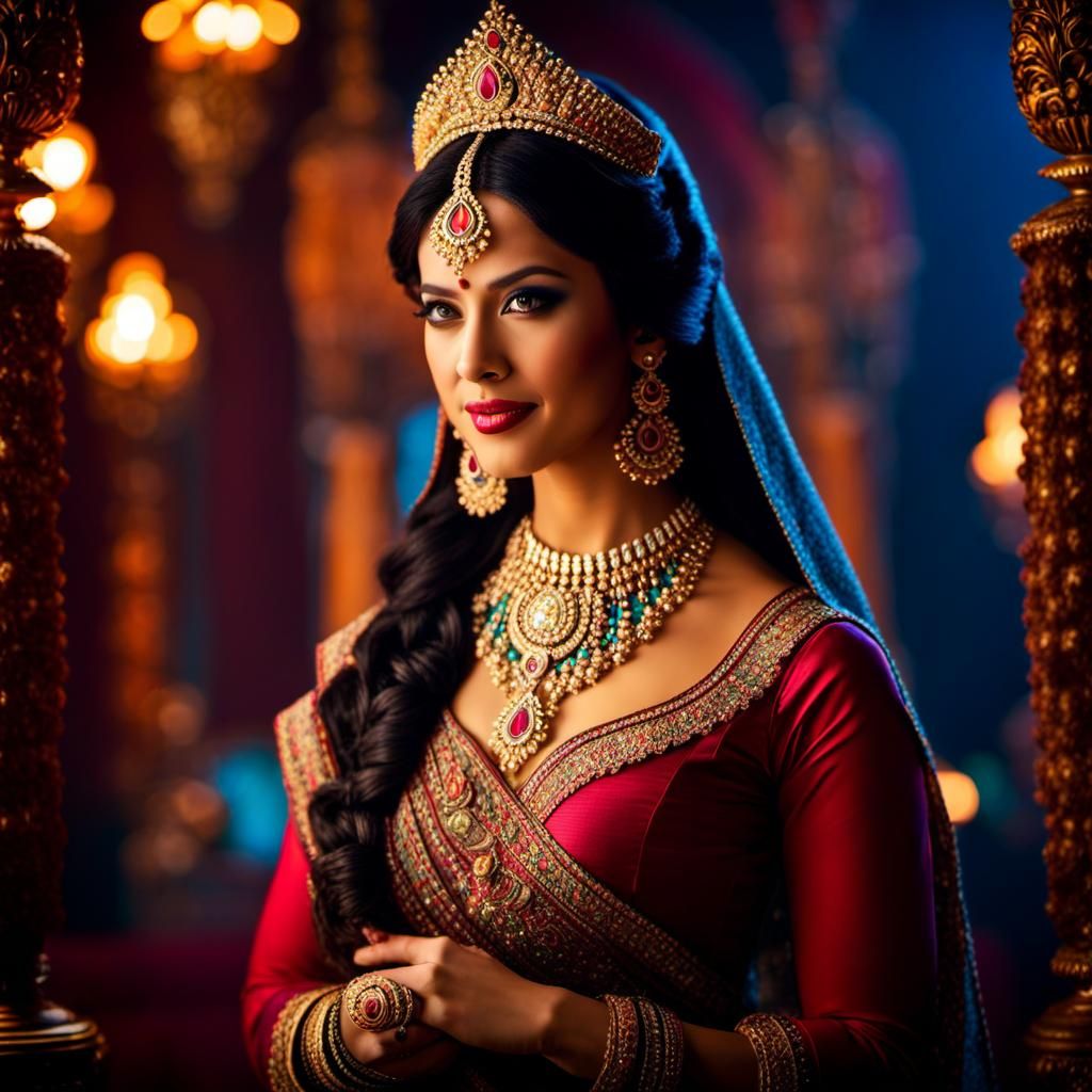 Indian Dancer in Palace with Traditional Lamps