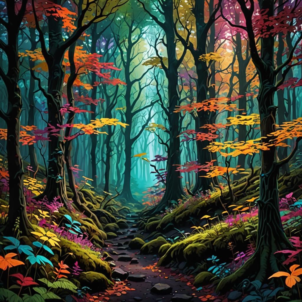 Mysterious Colorful Forest Landscape