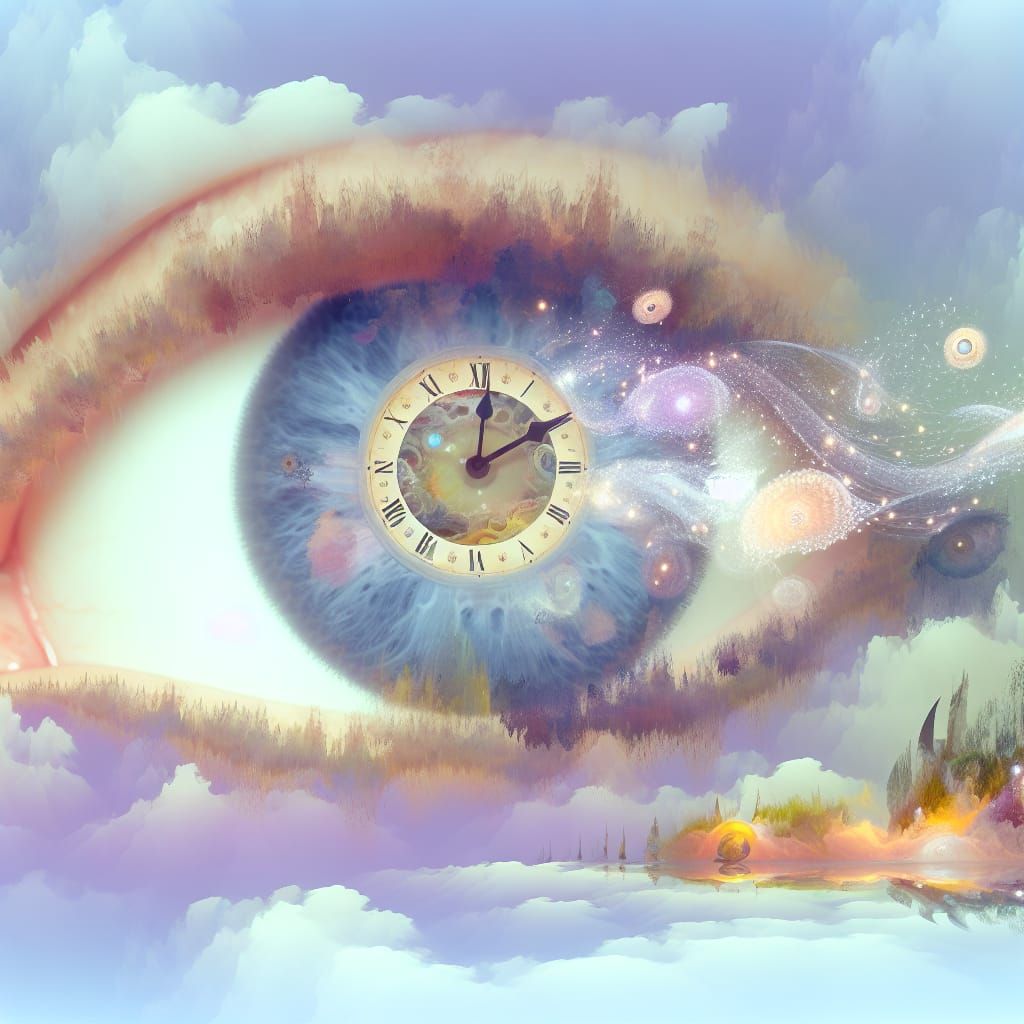 Surreal Fairyland: Time Eye in Watercolor Double Exposure