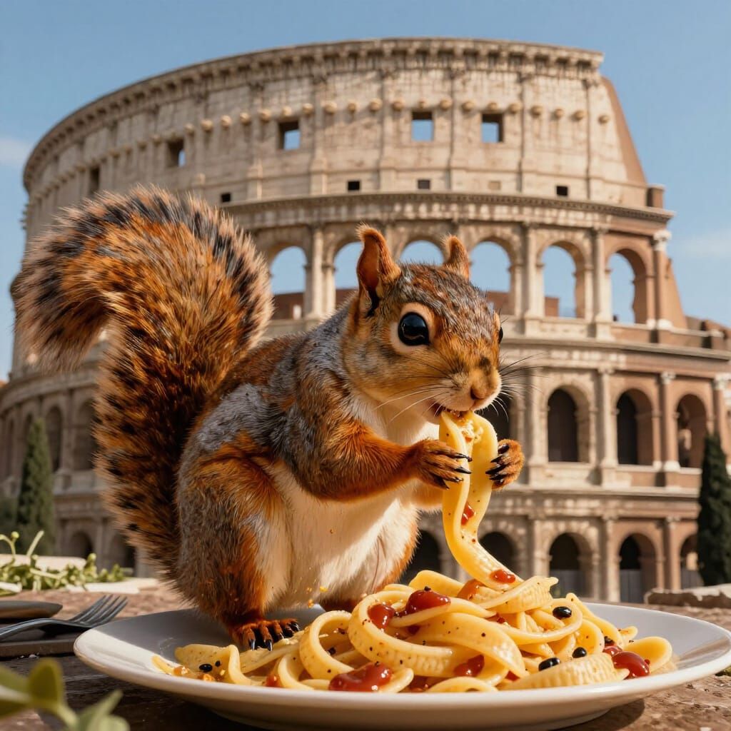 Squirrel Eating Pasta Before the Colosseum, Fantasy Art