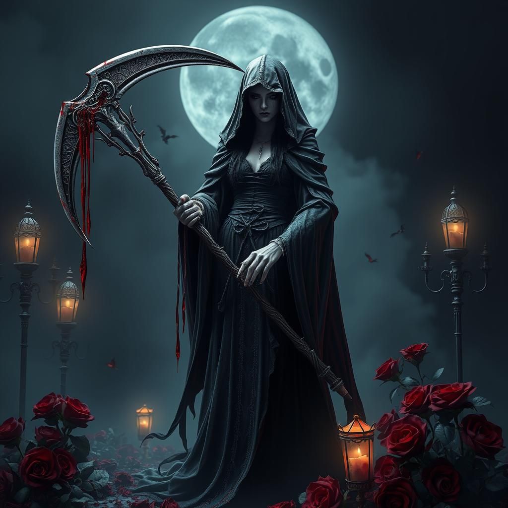 Eerie Female Grim Reaper with Bloody Scythe