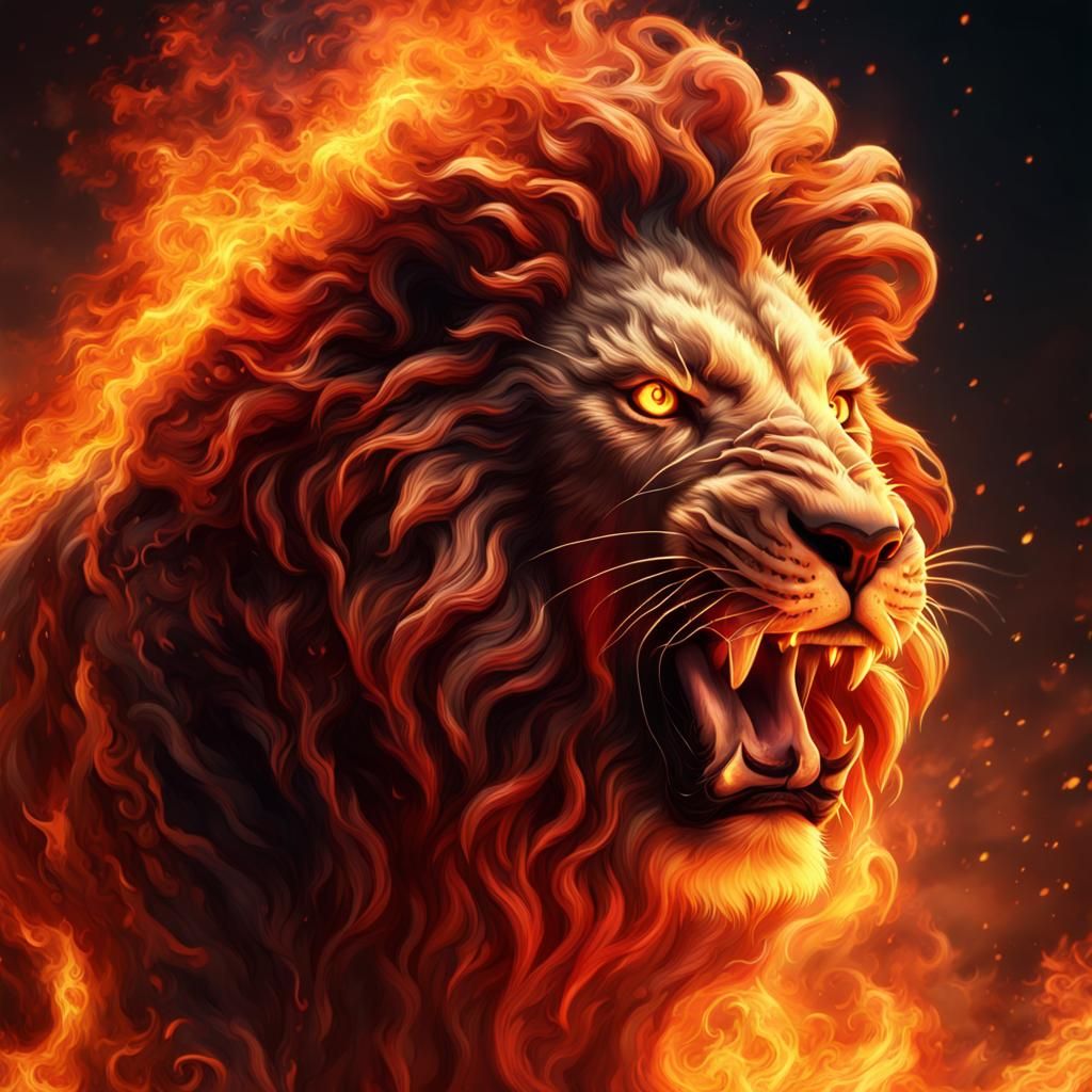 Epic Fire Lion Roaring in Flames: Digital Painting