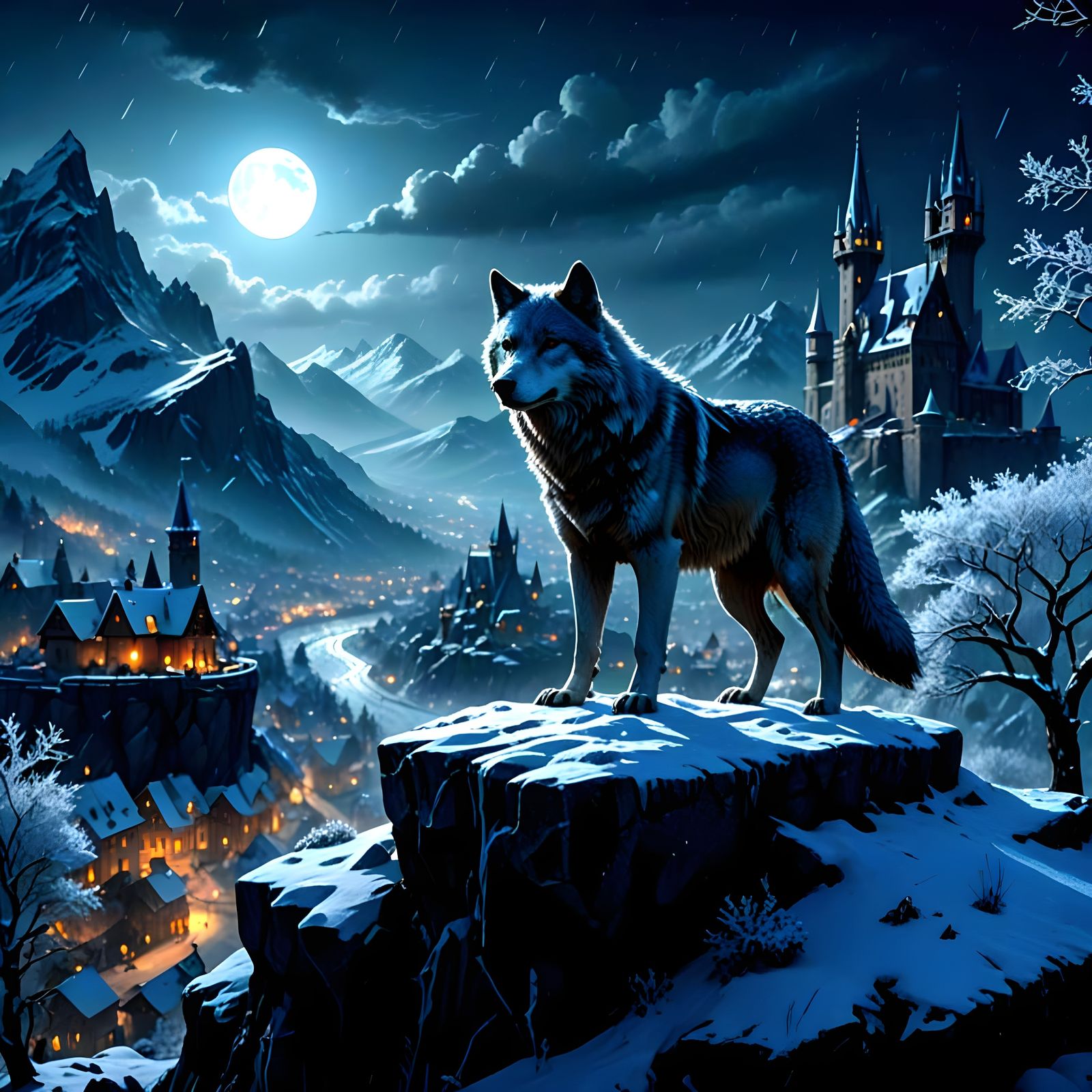 Winter City Under Full Moon