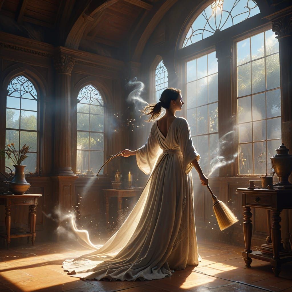 Magical Woman Cleans Grand House with Ethereal Energy