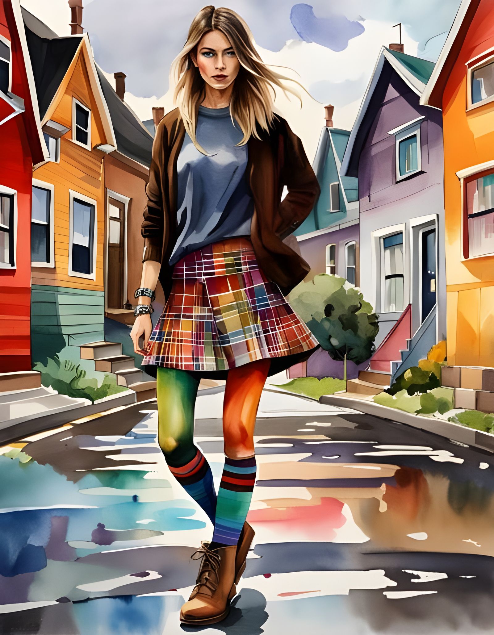 Watercolor Painting of a Hipster Girl in Town