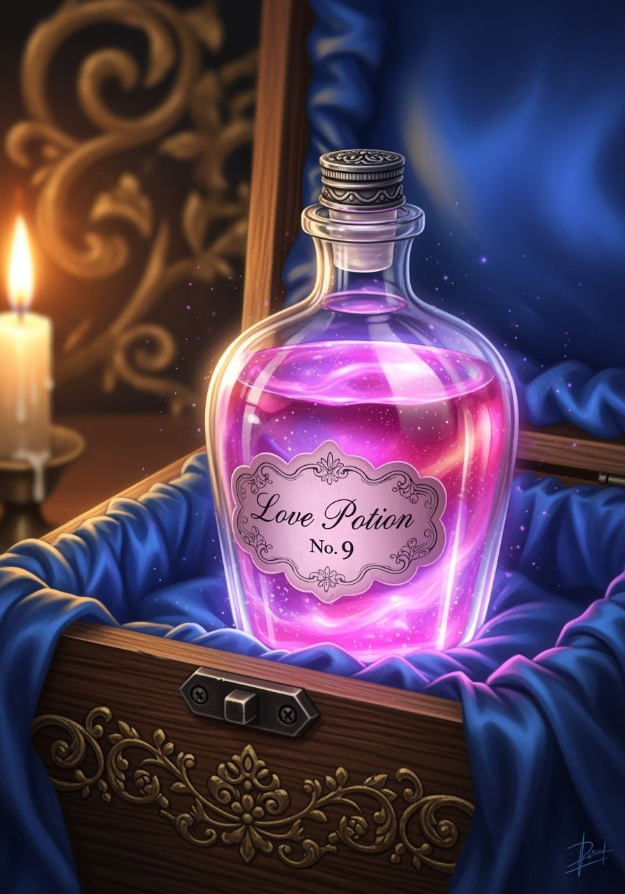Love Potion No. 9 Bottle in Ornate Box with Candlelight