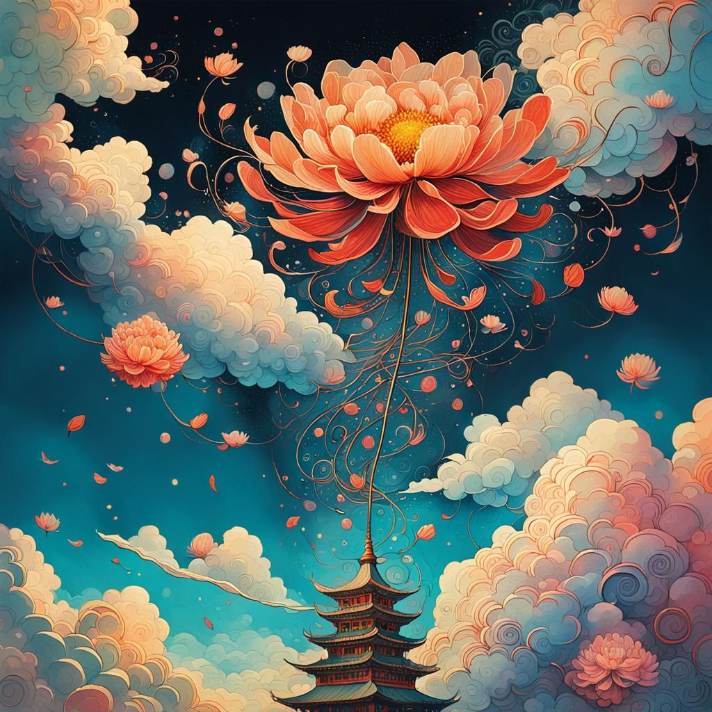 Wispy Flower in Clouds: Maximalist Gouache Painting