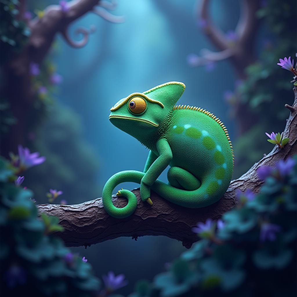 Mystical Green Chameleon in Fantasy Landscape