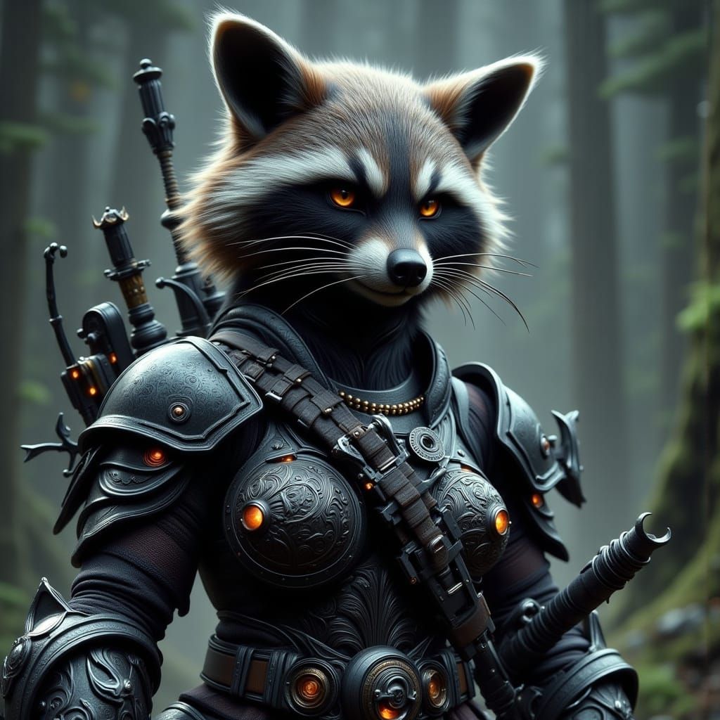 Cyberpunk Raccoon Warrioress with Futuristic Weapons