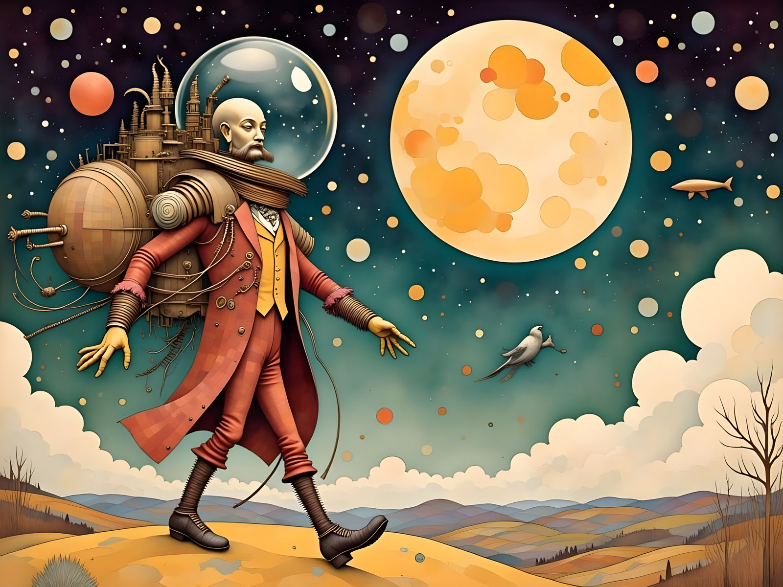 Steampunk Robot Buddha on Swiss Cheese Moon